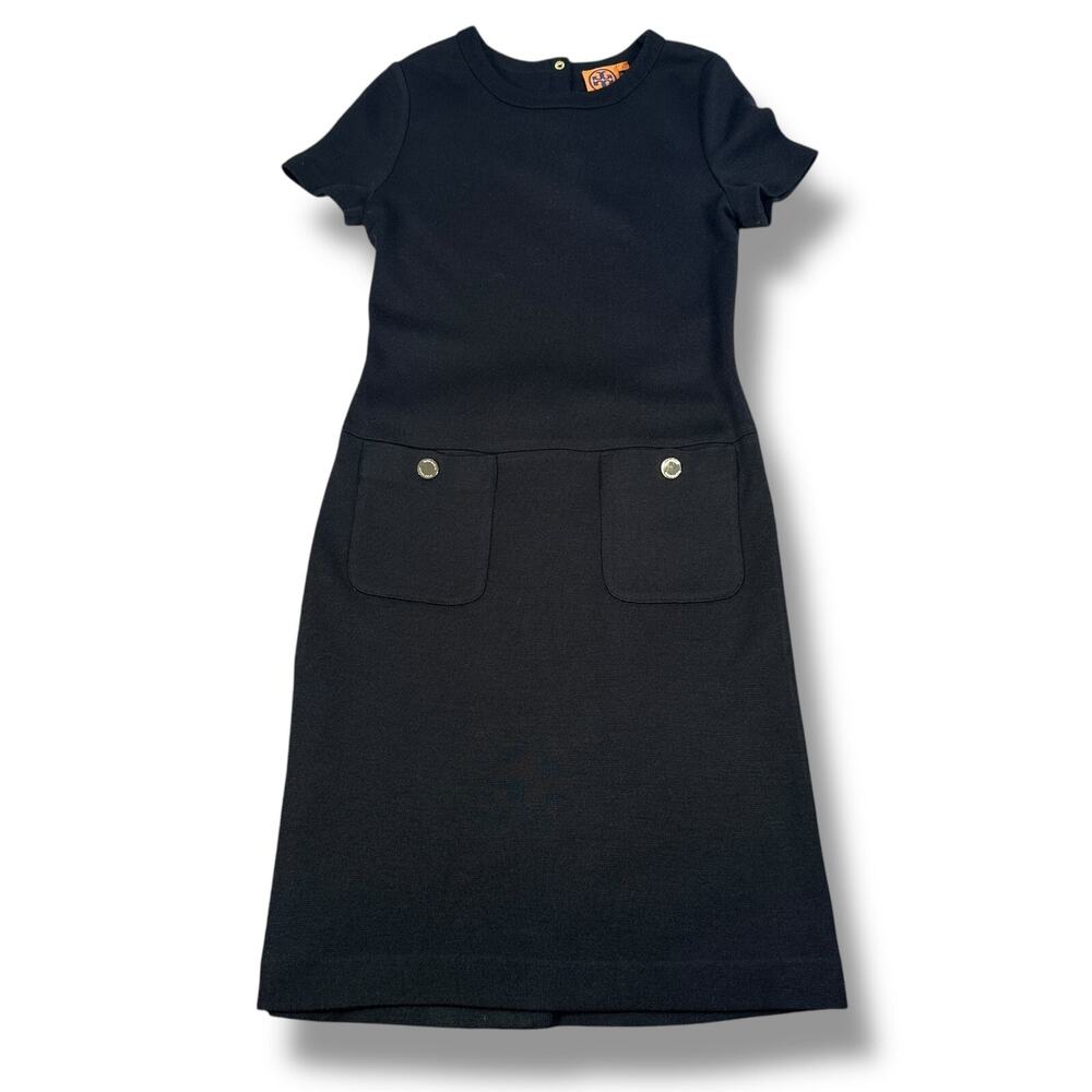 Tory Burch Anthea‎ Wool Dress Women’s Small Black Front Pockets Short Sleeve